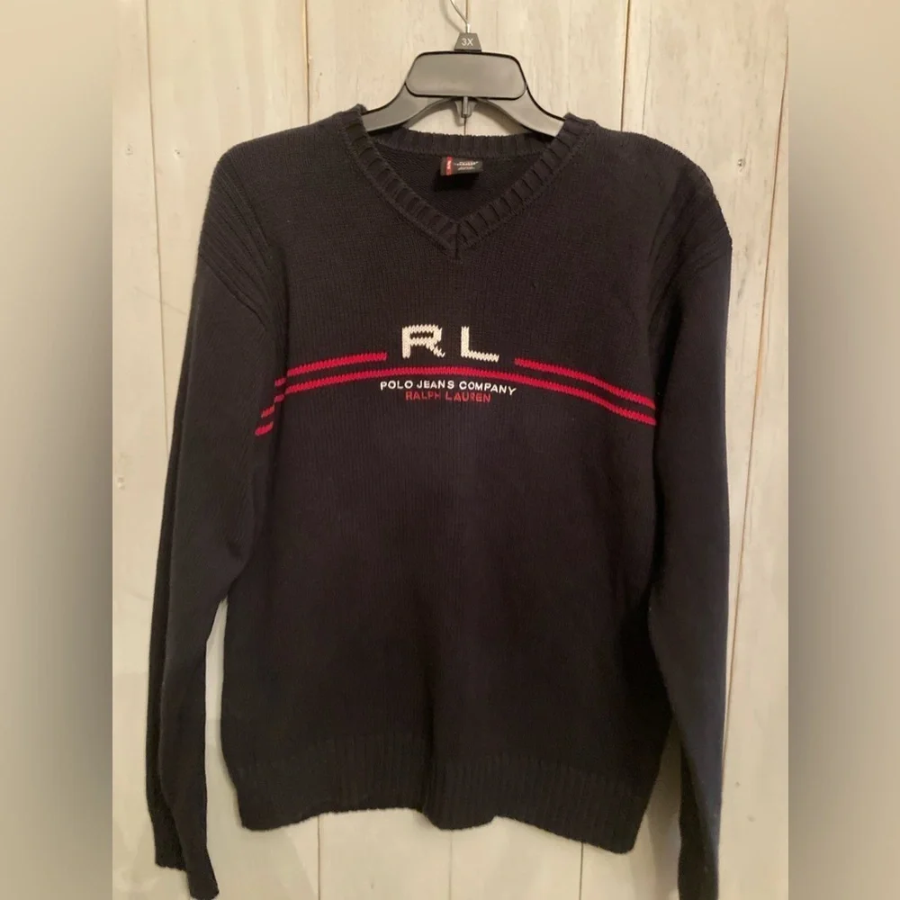 Polo Ralph Lauren RL Jeans Company Logo Men's Large V‎ Neck Sweater Cotton Black